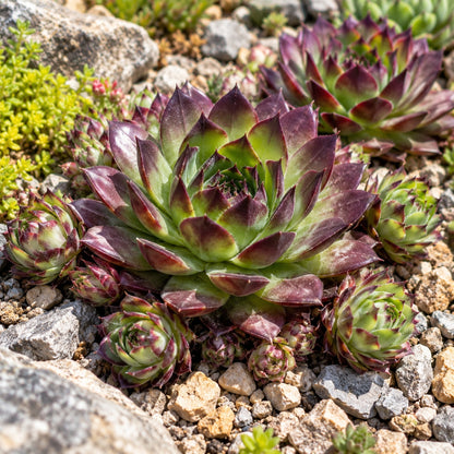 Purple Beauty Hen and Chicks growing in a garden