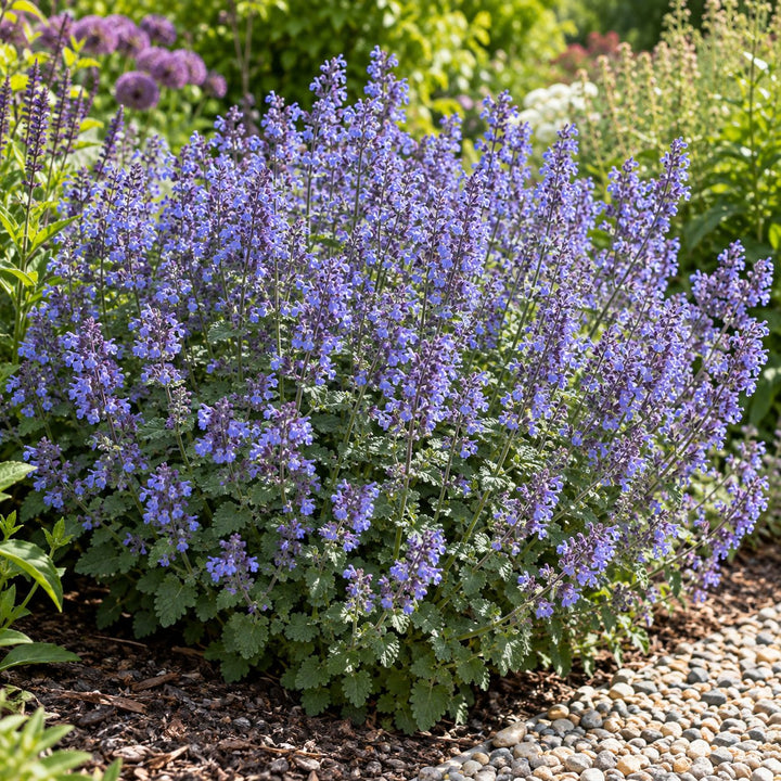 Purrsian Blue catmint (Nepeta) with a rounded mound of blue-violet flowers in a garden