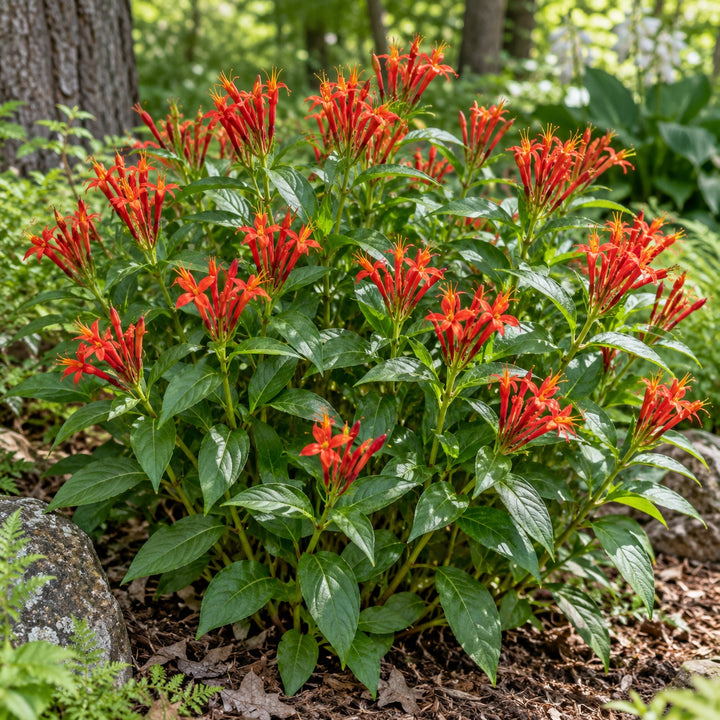 Ragin Cajun Indian pink with fiery orange-red tubular flowers over glossy leaves