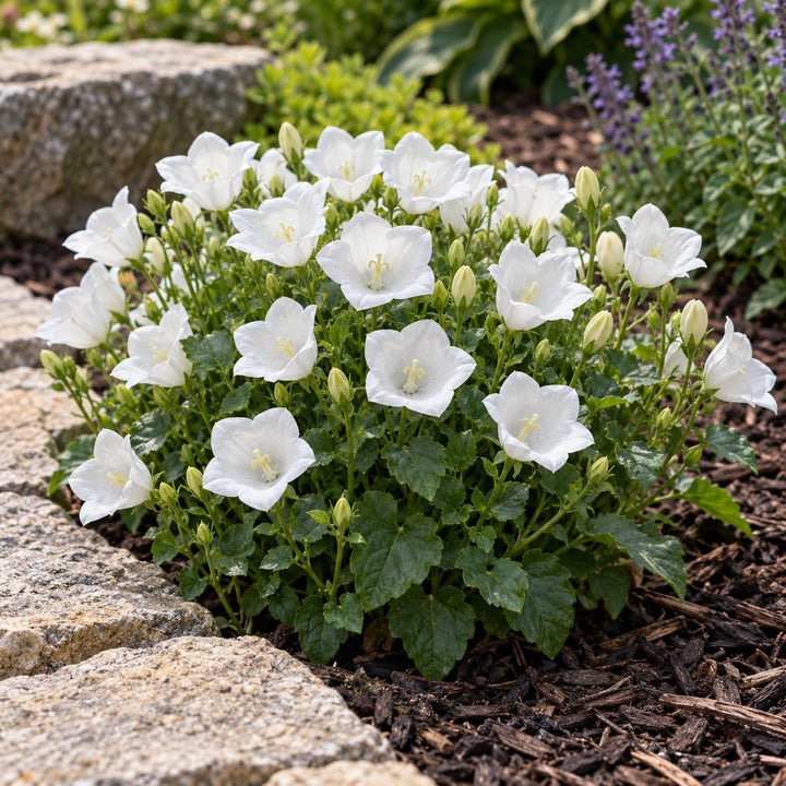 Rapido White Carpathian bellflower with white cup-shaped flowers by stone edging