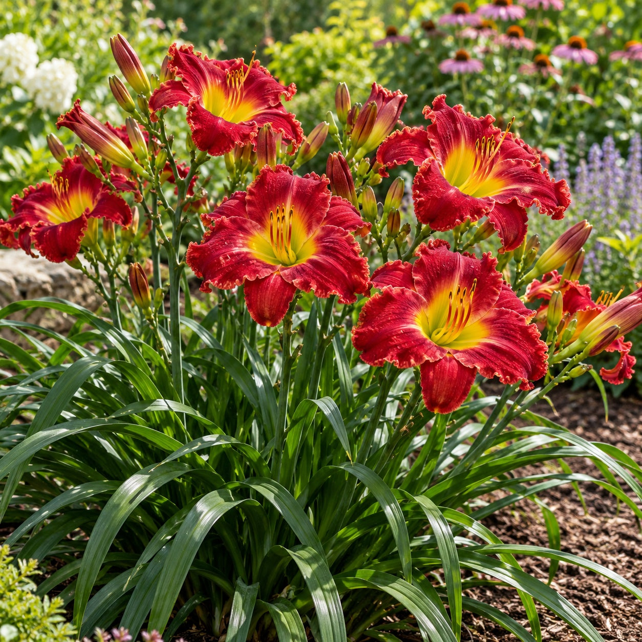 Red Hot Returns Daylily growing in a garden