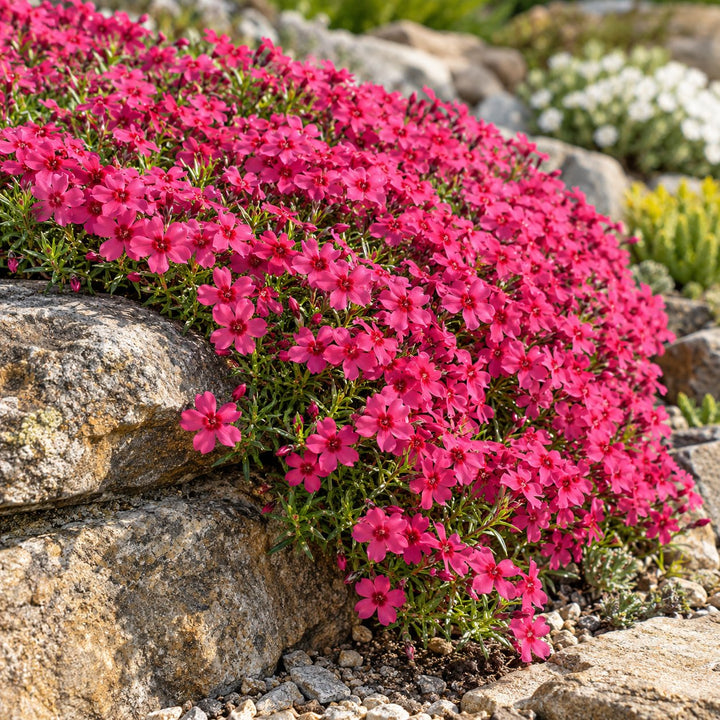 Red Wing creeping phlox with crimson-red flowers spilling over a stone ledge