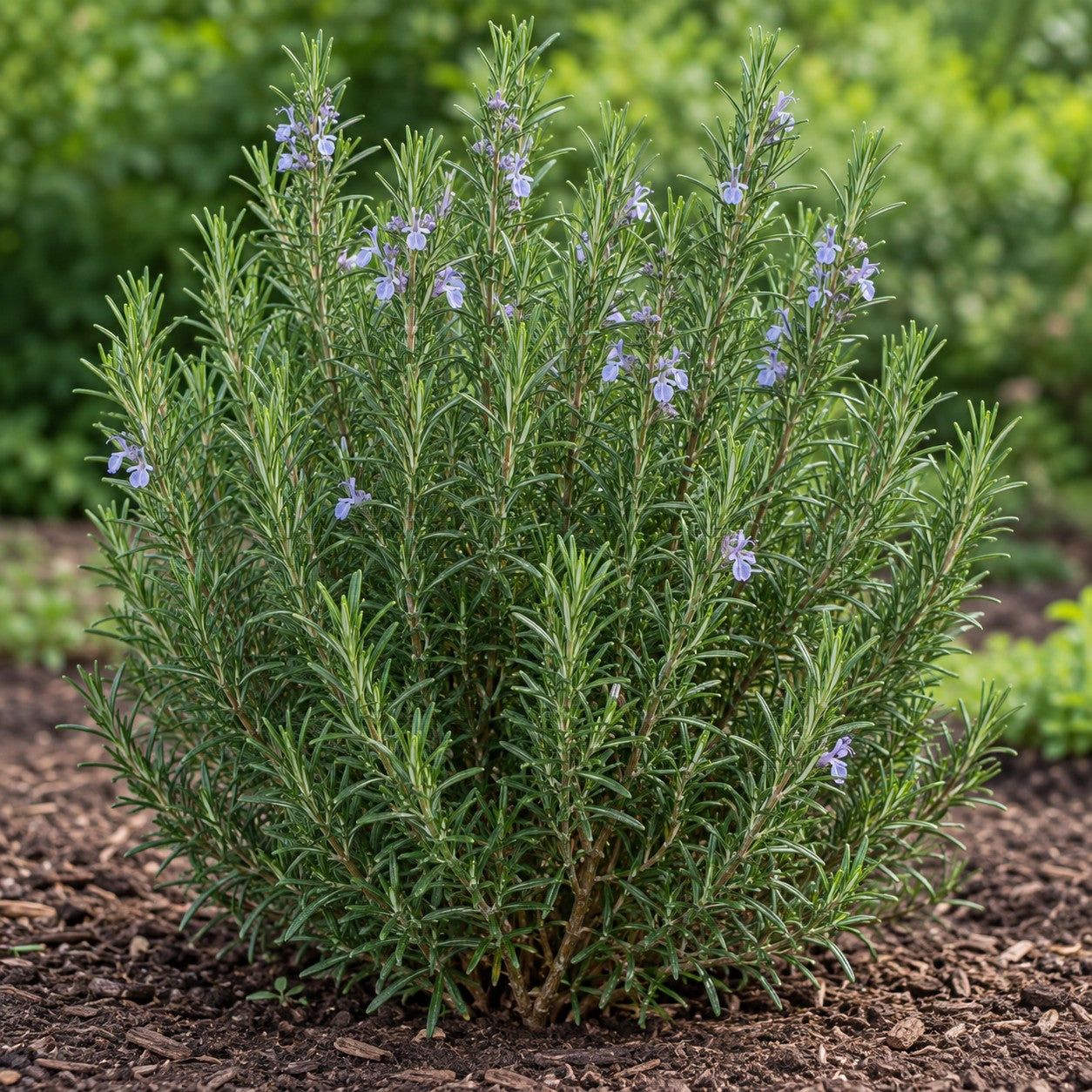 Rosemary (Salvia rosmarinus) herb plant growing in a garden bed