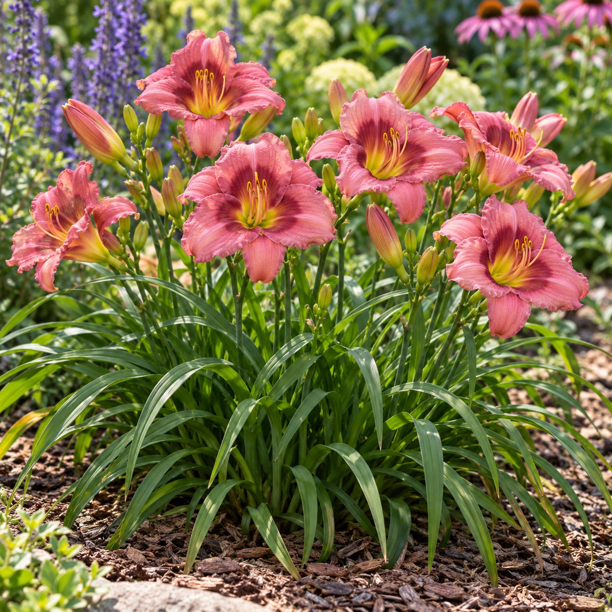 Rosy Returns Daylily growing in a garden
