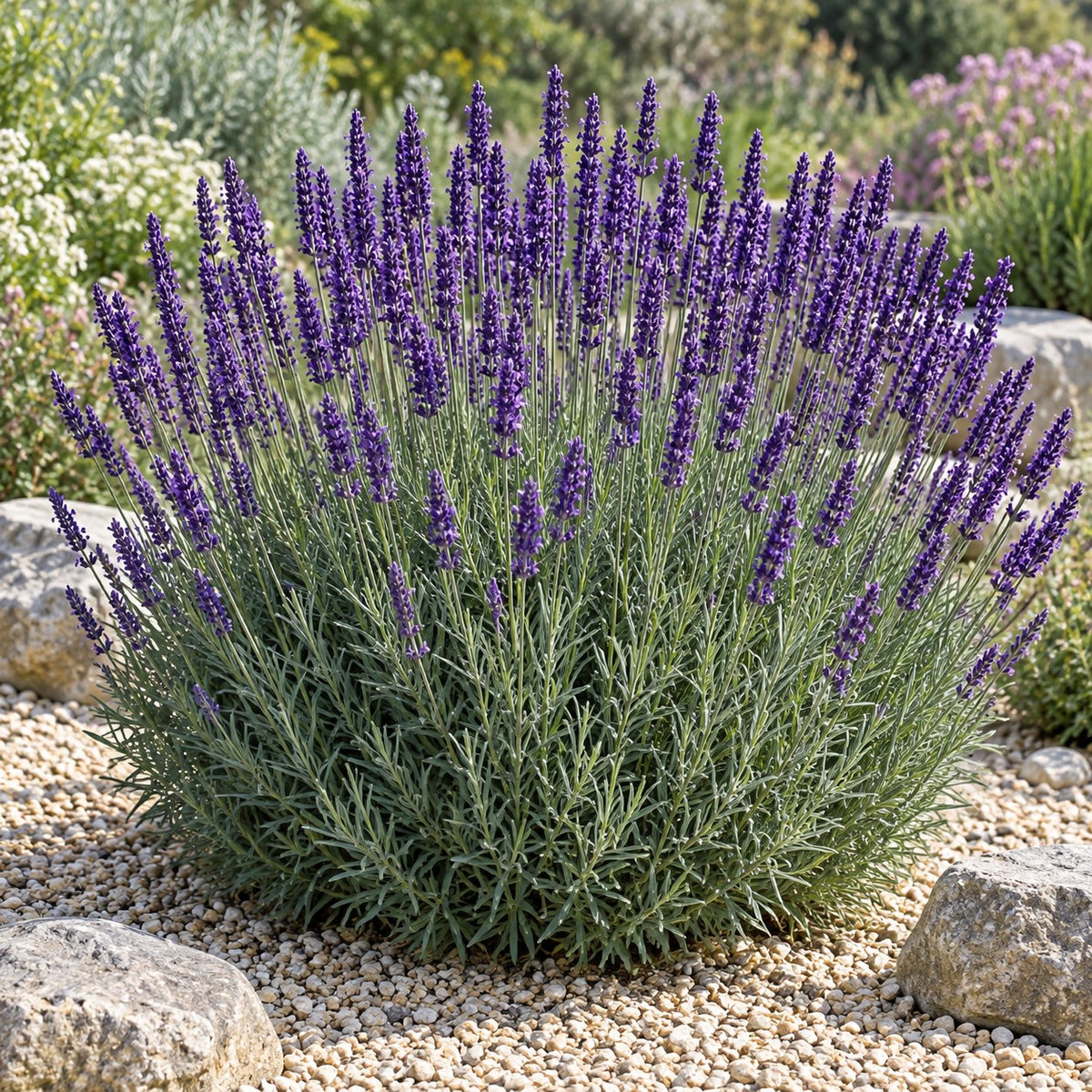 Royal Purple lavender (Lavandula angustifolia) bushy mound with long deep purple spikes in a gravel garden, illustration