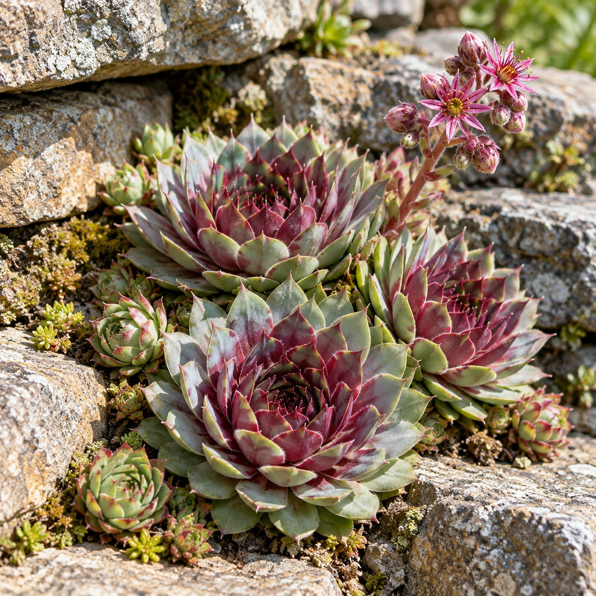 Ruby Heart Hen and Chicks growing in a garden