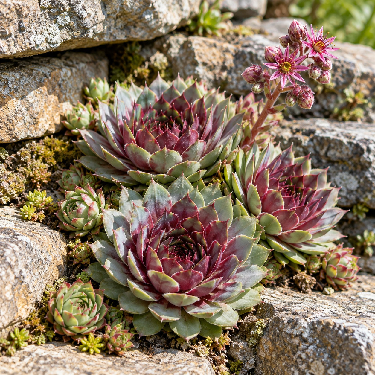 Ruby Heart Hen and Chicks growing in a garden