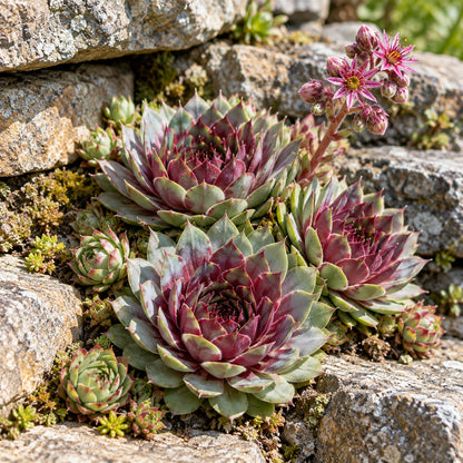 Ruby Heart Hen and Chicks growing in a garden