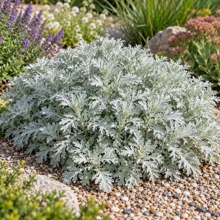 Silver Lining artemisia with a mound of lacy silver foliage in a gravel garden
