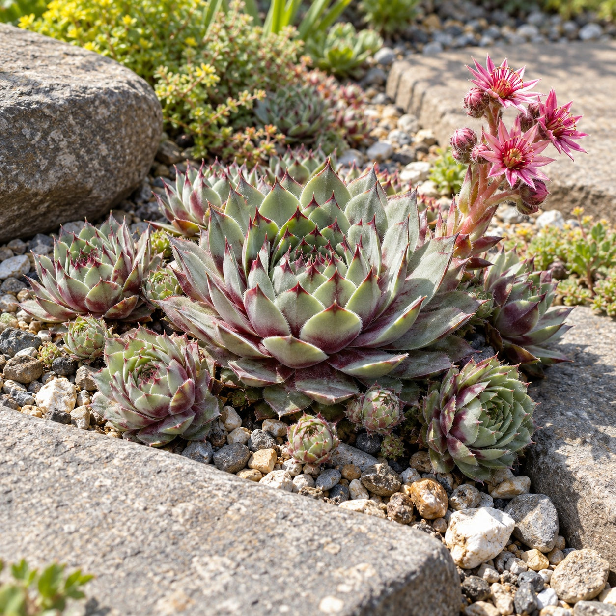 Silverine Hen and Chicks growing in a garden