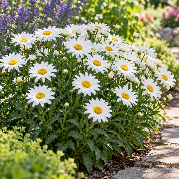 Snowcap Shasta daisy (Leucanthemum) with white daisies on a compact mound by a stone path