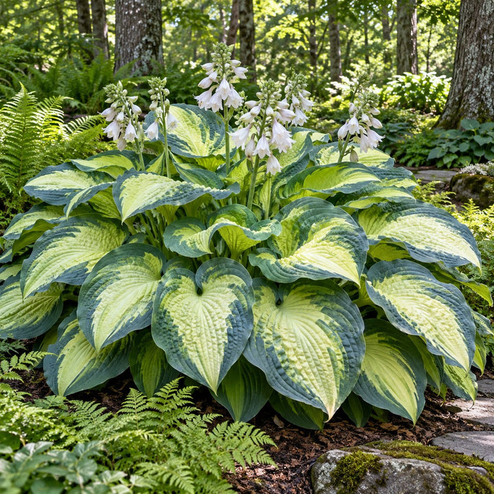 Sound of Music hosta with chartreuse-centered blue-green leaves and white flowers
