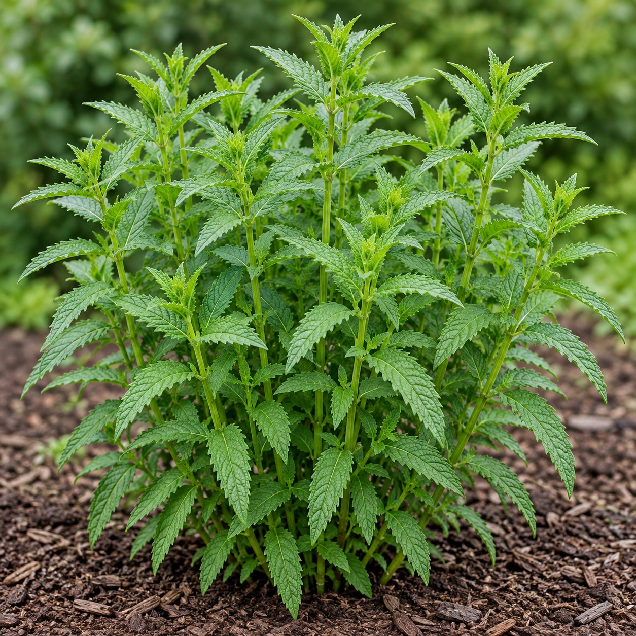 Spearmint (Mentha spicata) herb plant growing in a garden bed
