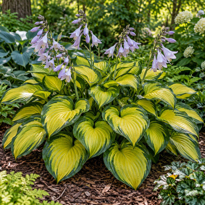 Stained Glass hosta with glossy gold leaves edged in dark green and lavender flowers