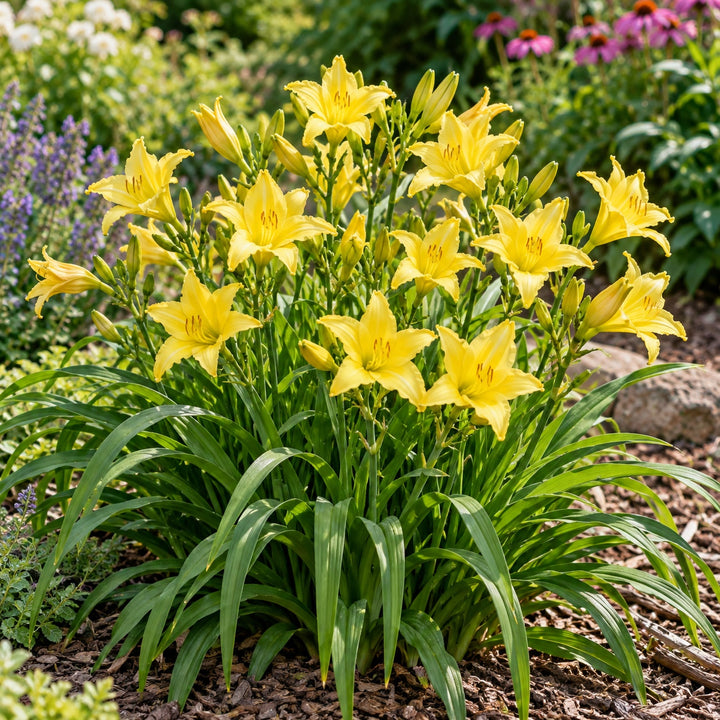 Stella Supreme daylily with lemon yellow blooms on a compact clump