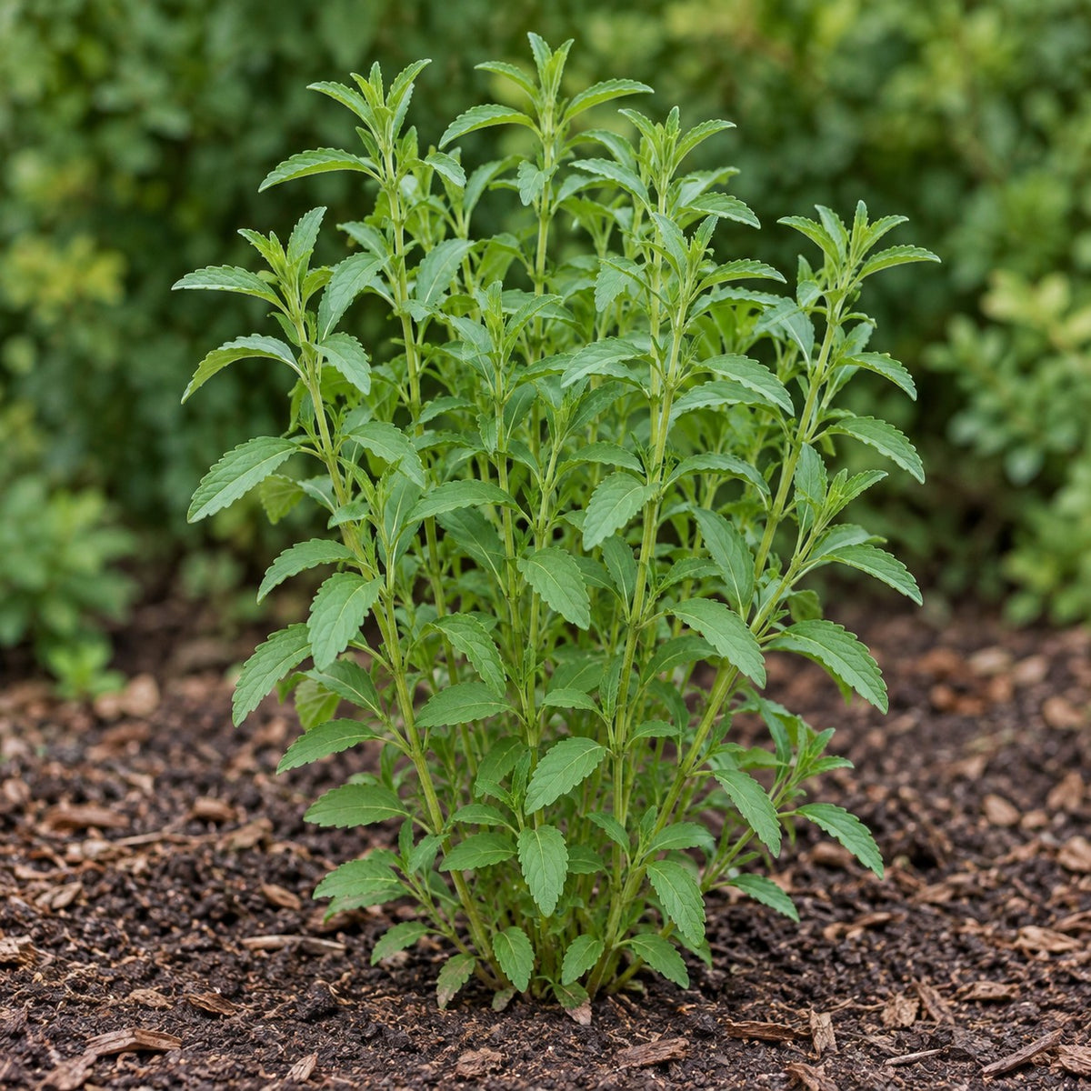 Stevia (Stevia rebaudiana) herb plant growing in a garden bed
