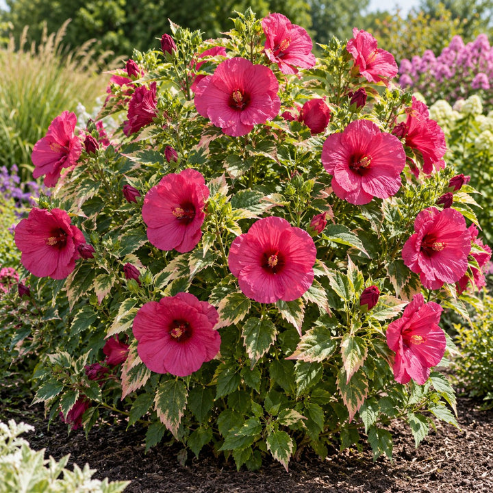 Summer Carnival hardy hibiscus with deep pink blooms over cream-edged variegated foliage