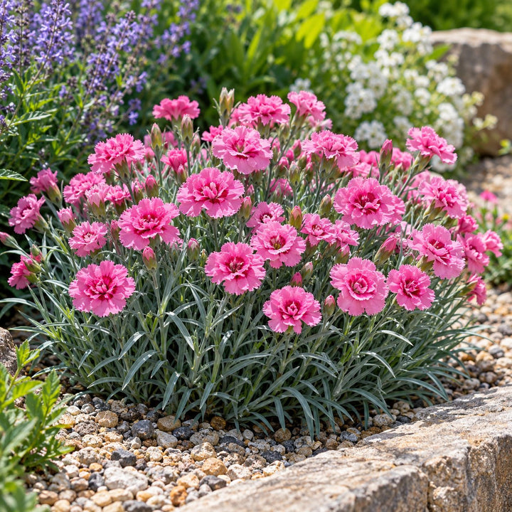 Sweetie Pie dianthus with pink double flowers over blue-green foliage by stone edging