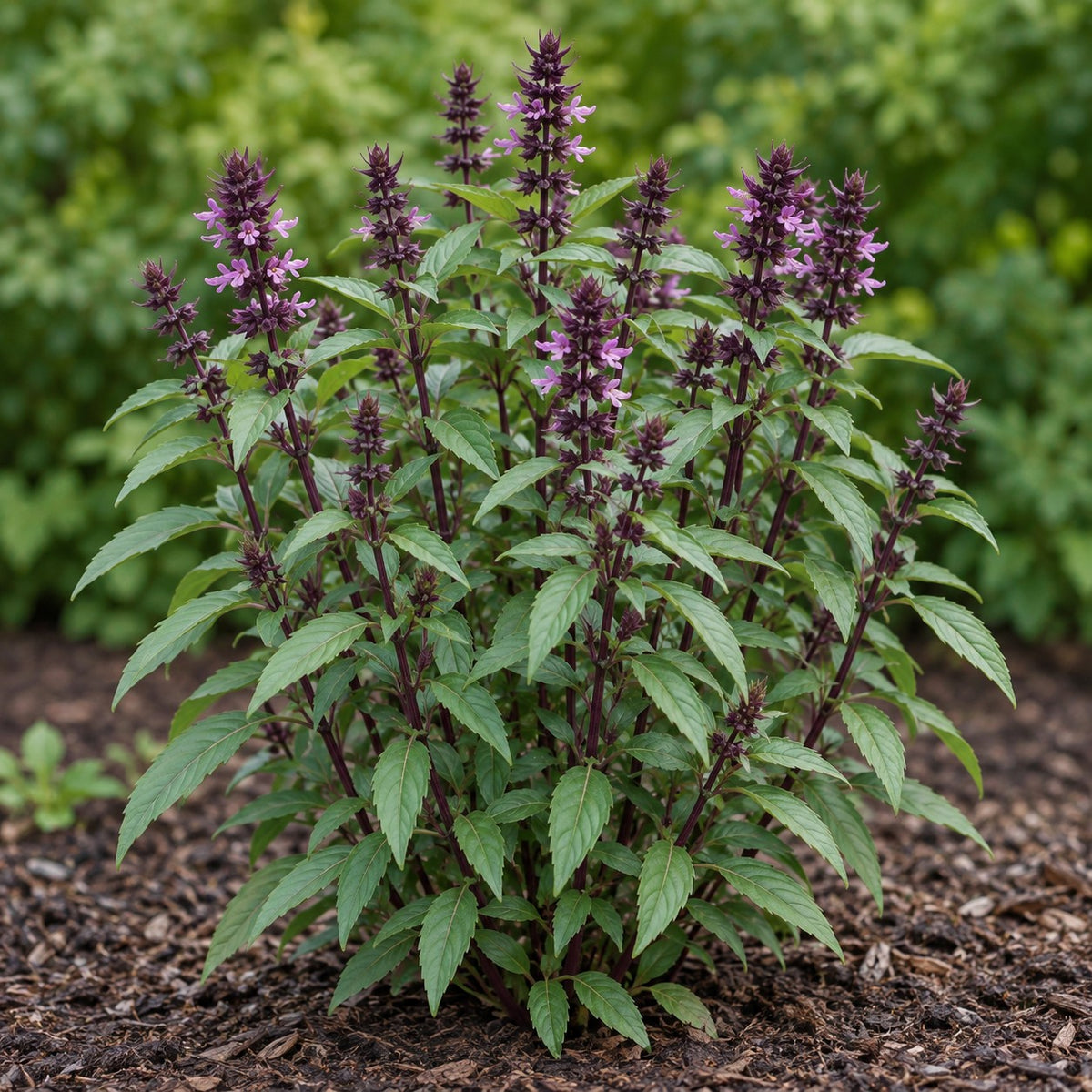 Thai Basil (Ocimum basilicum var. thyrsiflora) herb plant growing in a garden bed