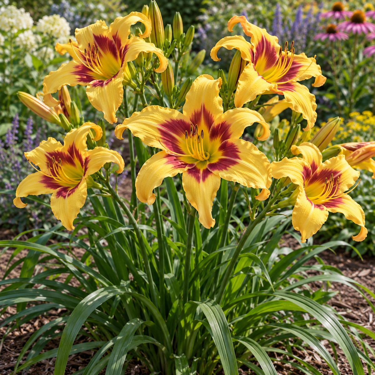 Tiger Swirl Daylily growing in a garden