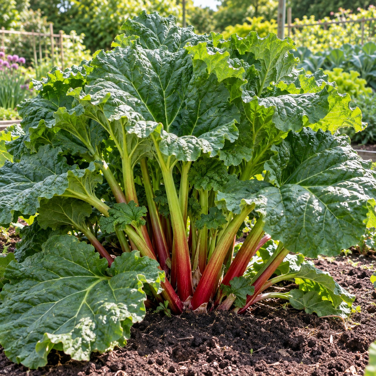 Victoria Rhubarb growing in a garden