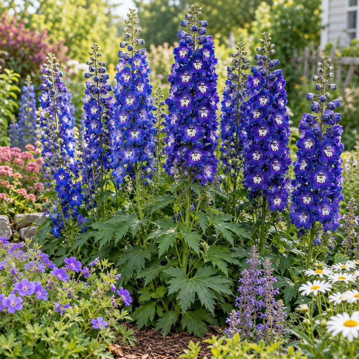 Violets Are Blue delphinium with tall deep blue flower spikes in a cottage garden