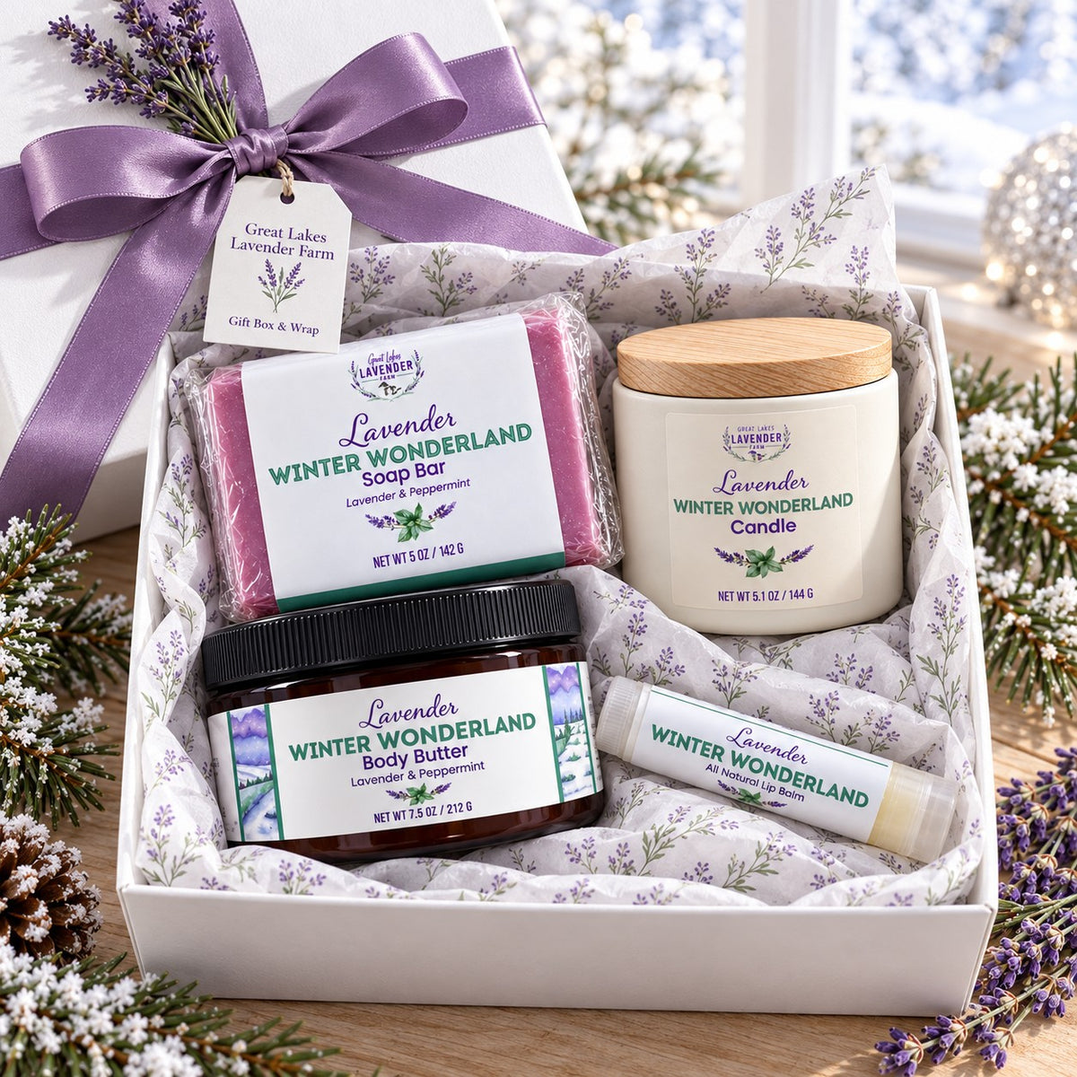 Winter Wonderland Gift Set: body butter, candle, bar soap and lip balm in a gift box