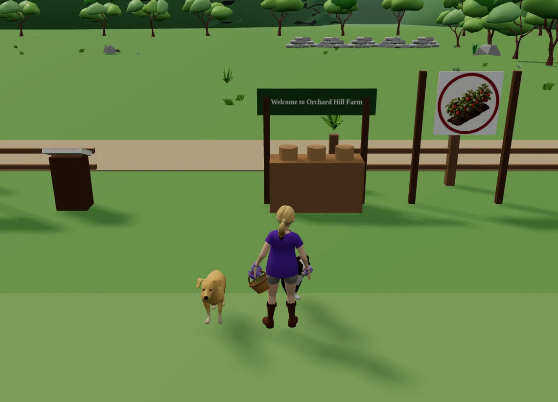 A player with her dogs at the welcome desk of Orchard Hill Farm in the game
